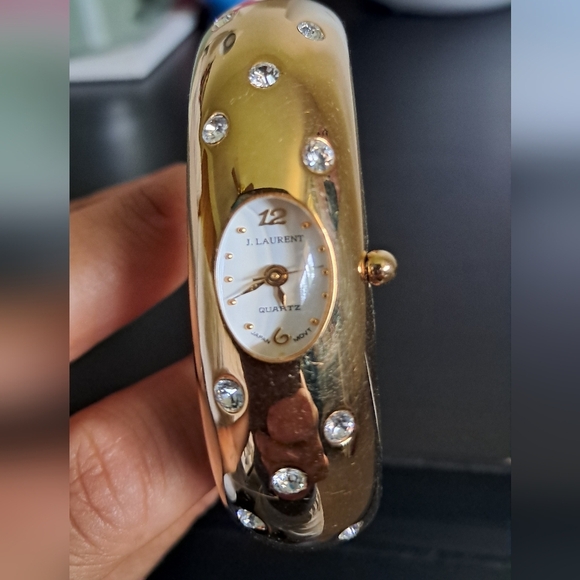 J. Laurent Gold Bangle Watch with Crystals - Picture 1 of 7